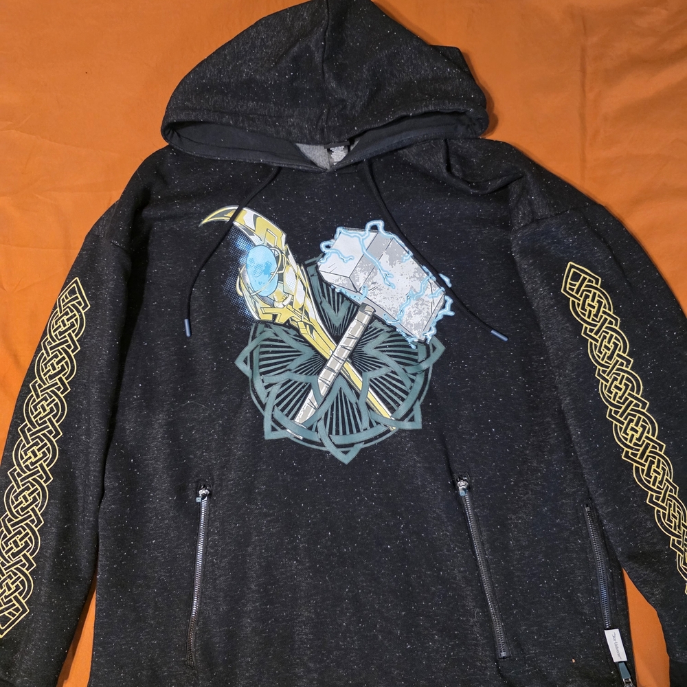 Marvel Comic Con Exclusive Black Hoodie with Loki's Staff And Mjolnir